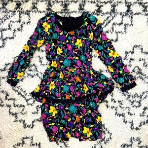Vintage 80’s Women’s Carole Little Peplum Padded Shoulder Floral Dress Size 6